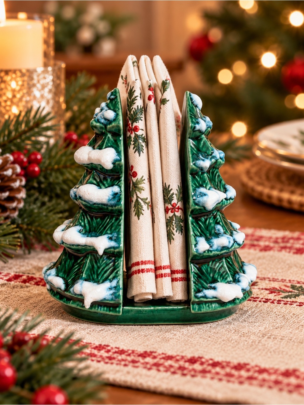 Vintage Ceramic Christmas Tree Napkin Holder Green Snowy Holiday Decor